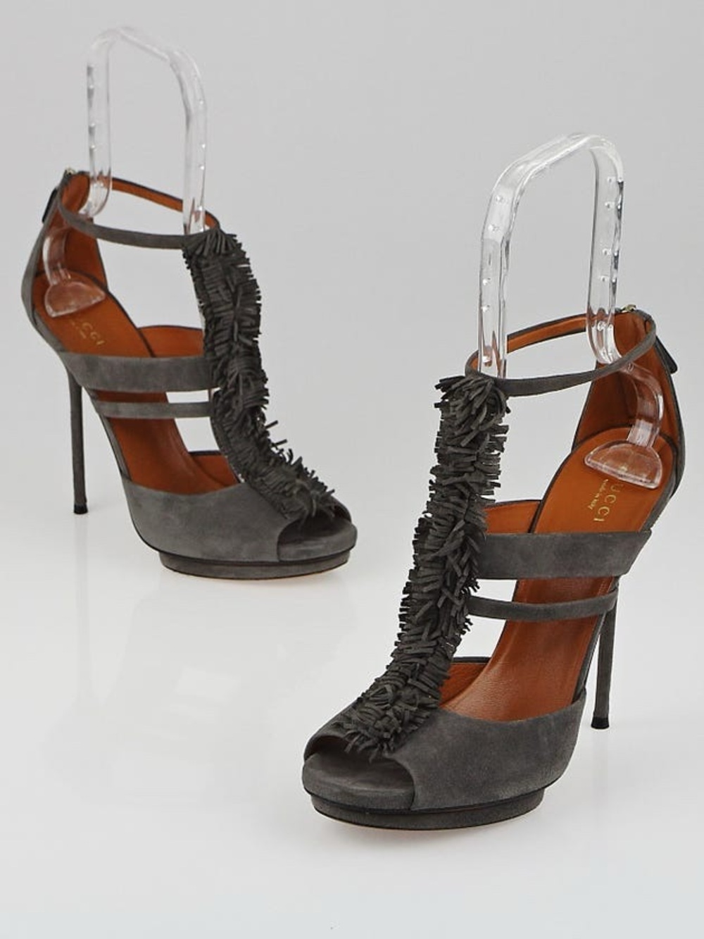 Gucci Charcoal Youma Gray Suede Fringe T-Strap Stiletto Sandals Sz. 37.5